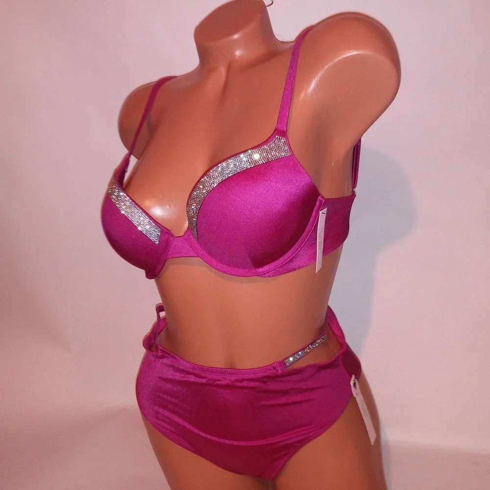 Victoria Secret Swim Bikini 34DD Top Small Bottom Push Up Pink Shine Trim Bling